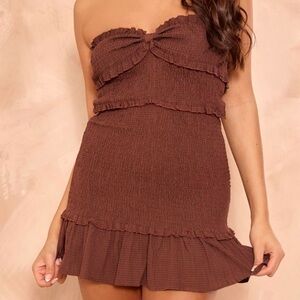 PrettyLittleThing Chocolate Shirred Frill Bandeau Shift Mini Dress